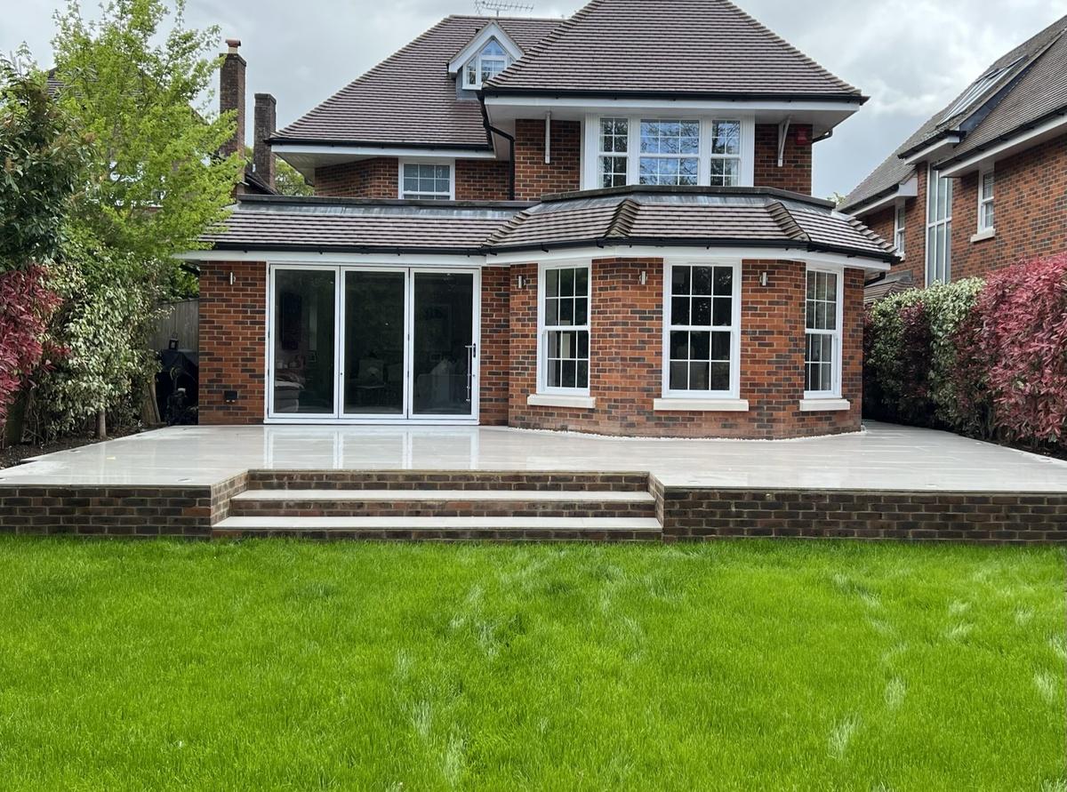 Raised Porcelain Patio with Lighting - Porcelain patio installation in Amersham