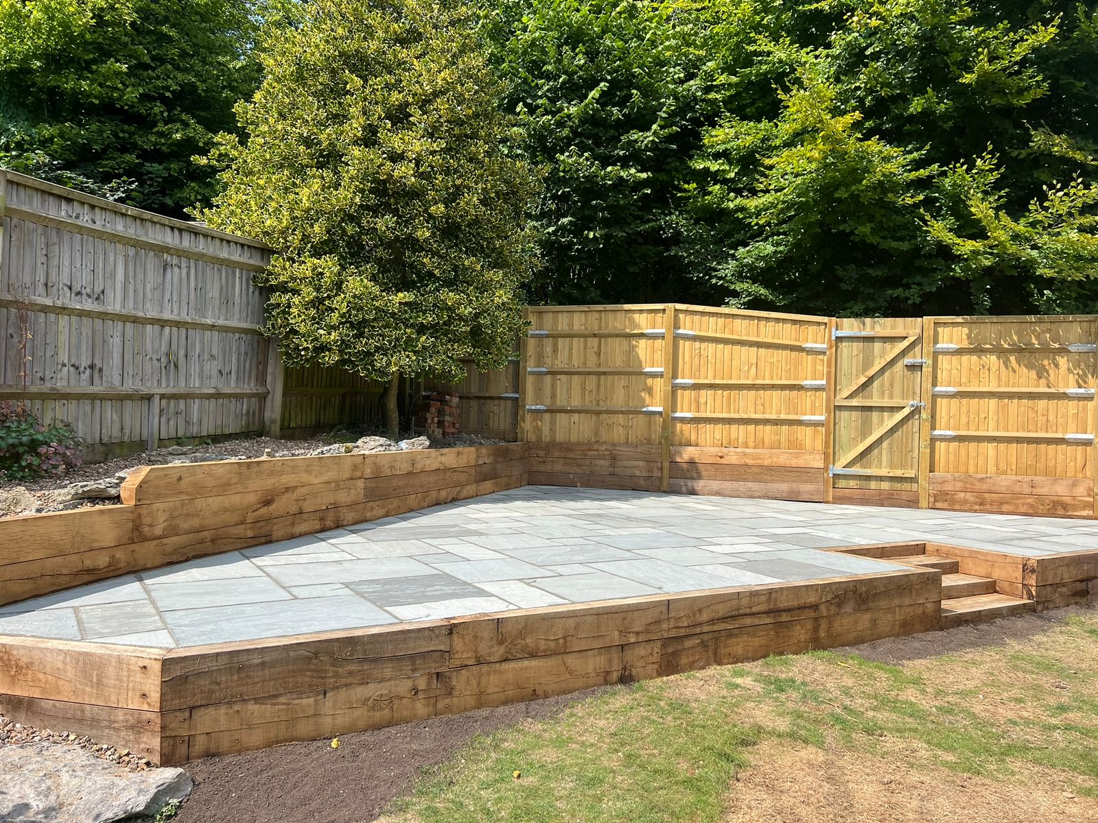 Sandstone Patio With sleeper retaining wall - Porcelain patio installation in High Wycombe